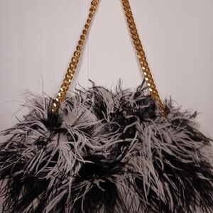 Chic Black and White Feathered Bag with Gold Chain